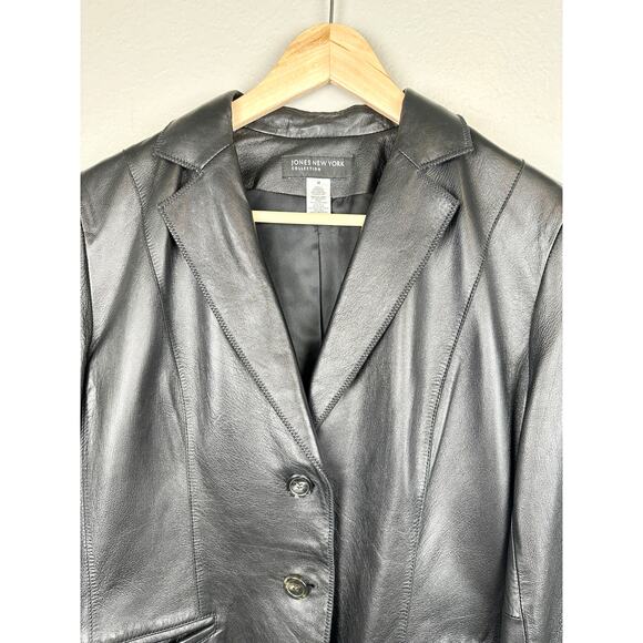 Vintage Y2K 100% Leather Black Blazer Two Button Up Minimalist Jacket Medium - Picture 2 of 12